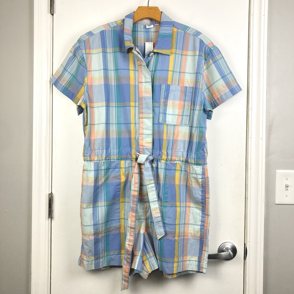 GAP NWT Women's Short Sleeve Plaid Romper 100% Cotton Tie Belt Pastel Geo sz 10 - Picture 2 of 11